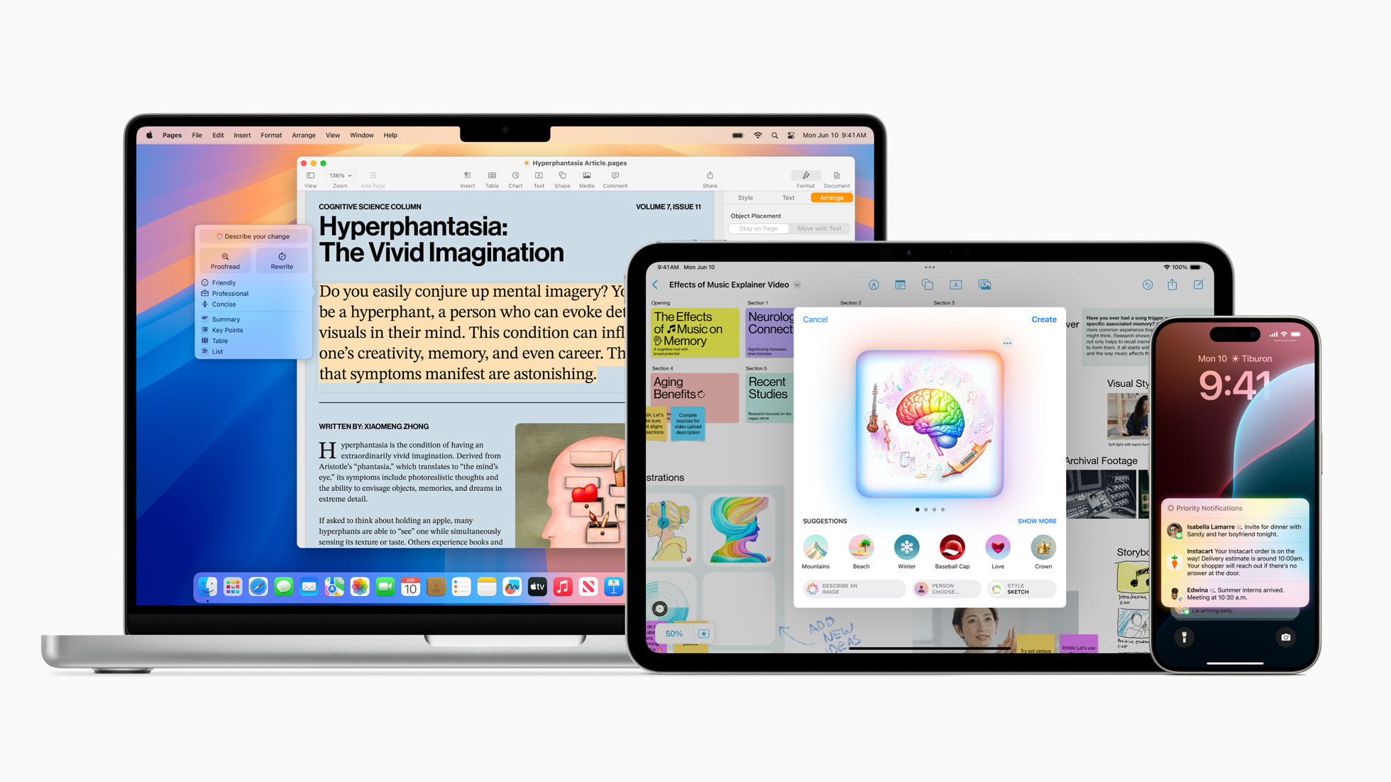 MacBook Pro, iPad Pro, and iPhone displaying connected Apple software experiences