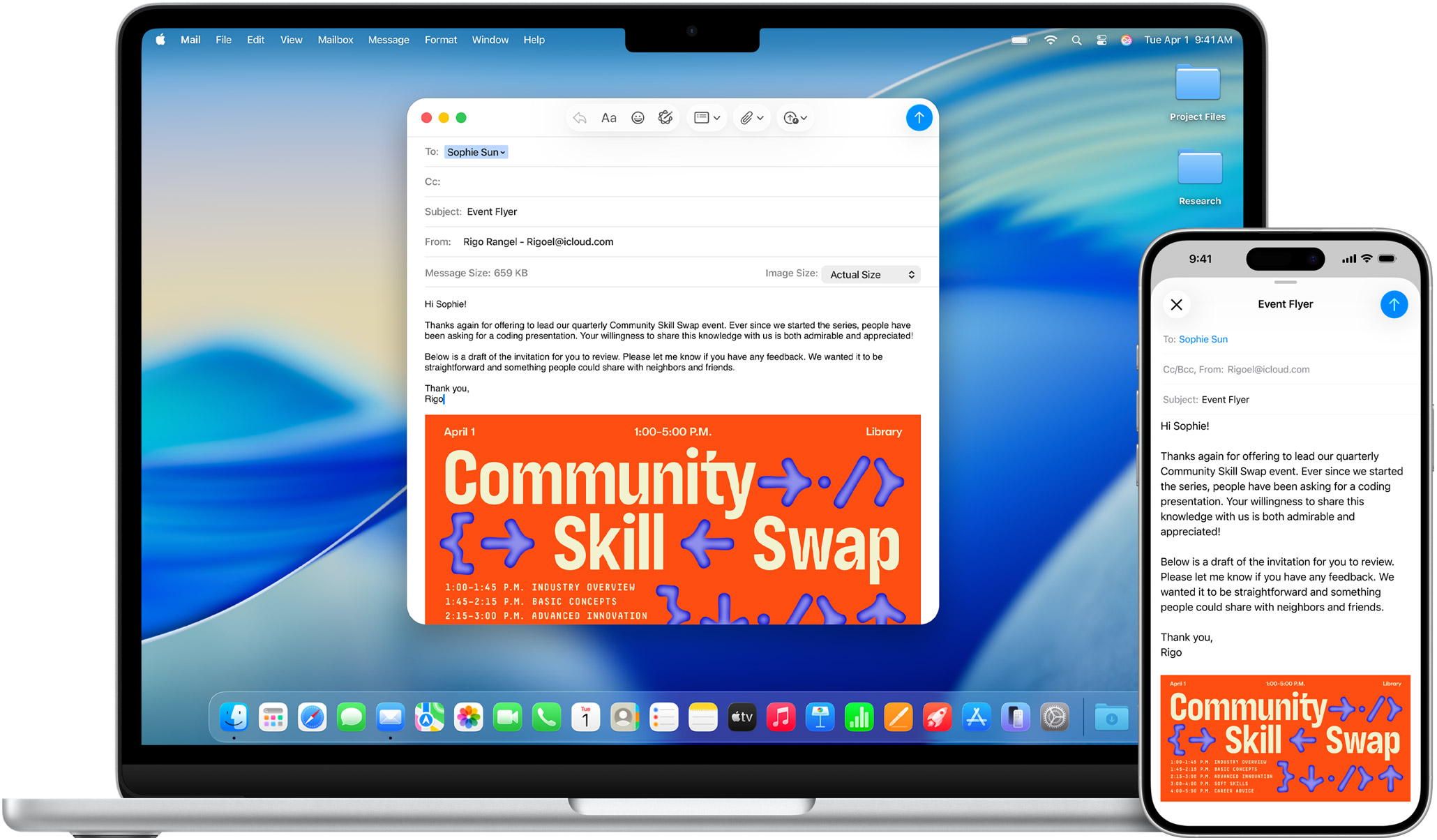 MacBook Air and iPhone displaying the same email draft through Handoff