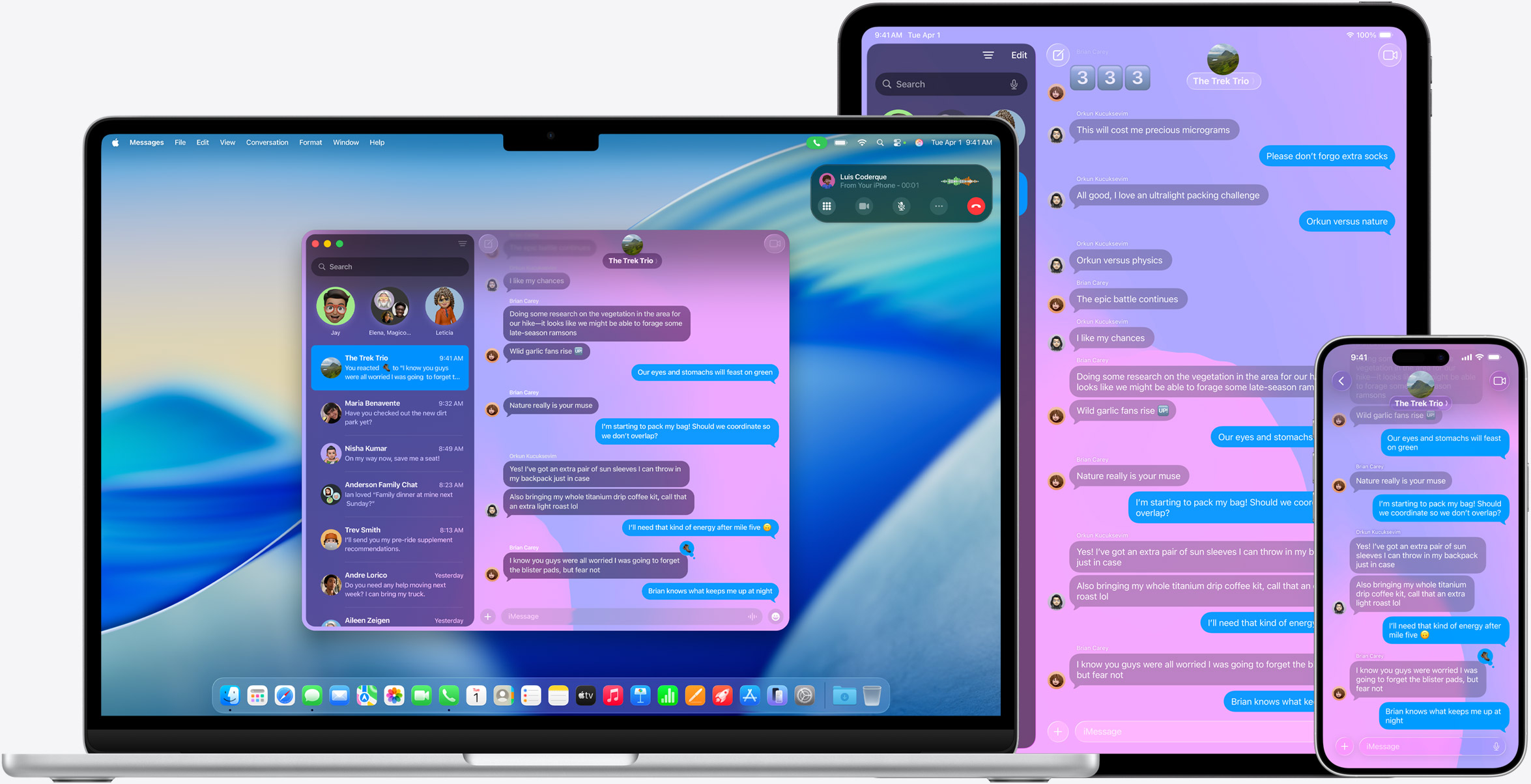 MacBook Air, iPad Pro, and iPhone displaying the same Messages conversation