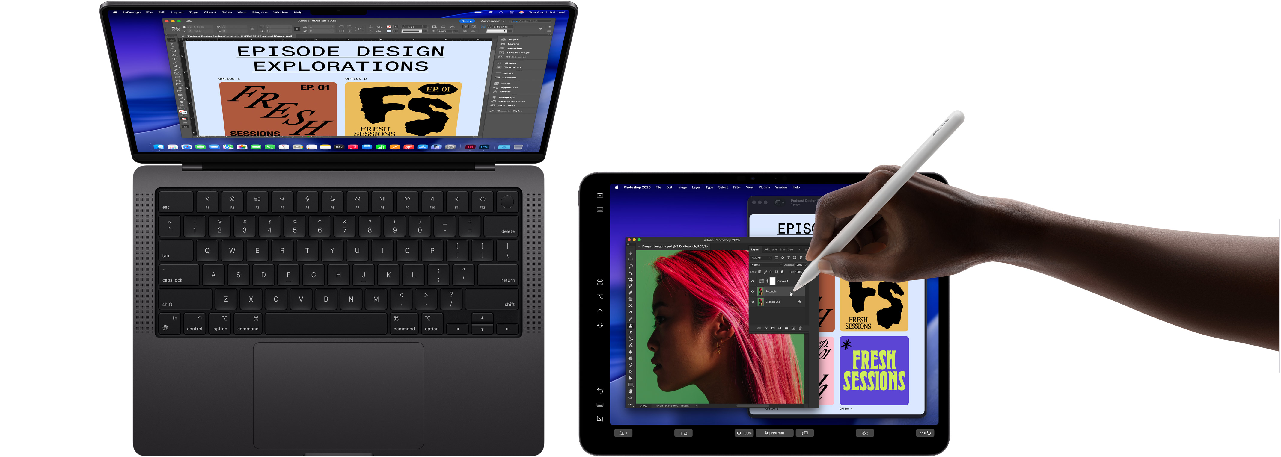 MacBook Pro and iPad Pro used together with Apple Pencil and connected creative software